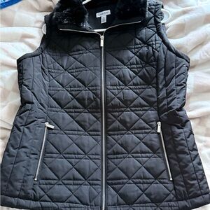 Calvin Klein Black Quilted Women's Vest with Fur Collar